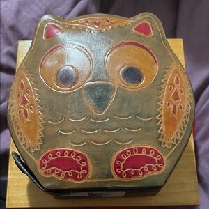 Whimsical Owl Leather Box - Brown and Red